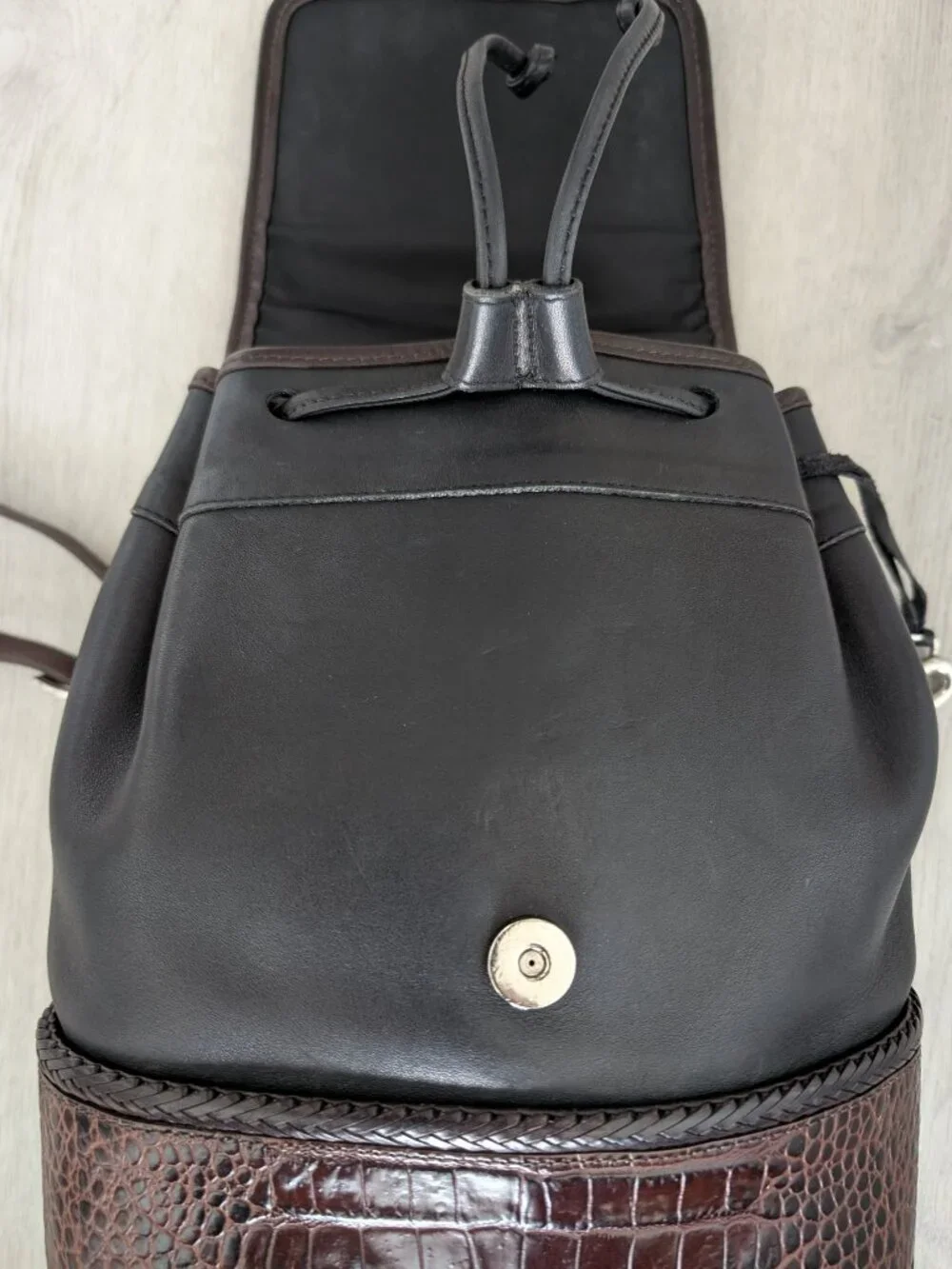 BRIGHTON Monica Vintage Croc Embossed Leather Drawstring Bucket Backpack BLK BRN